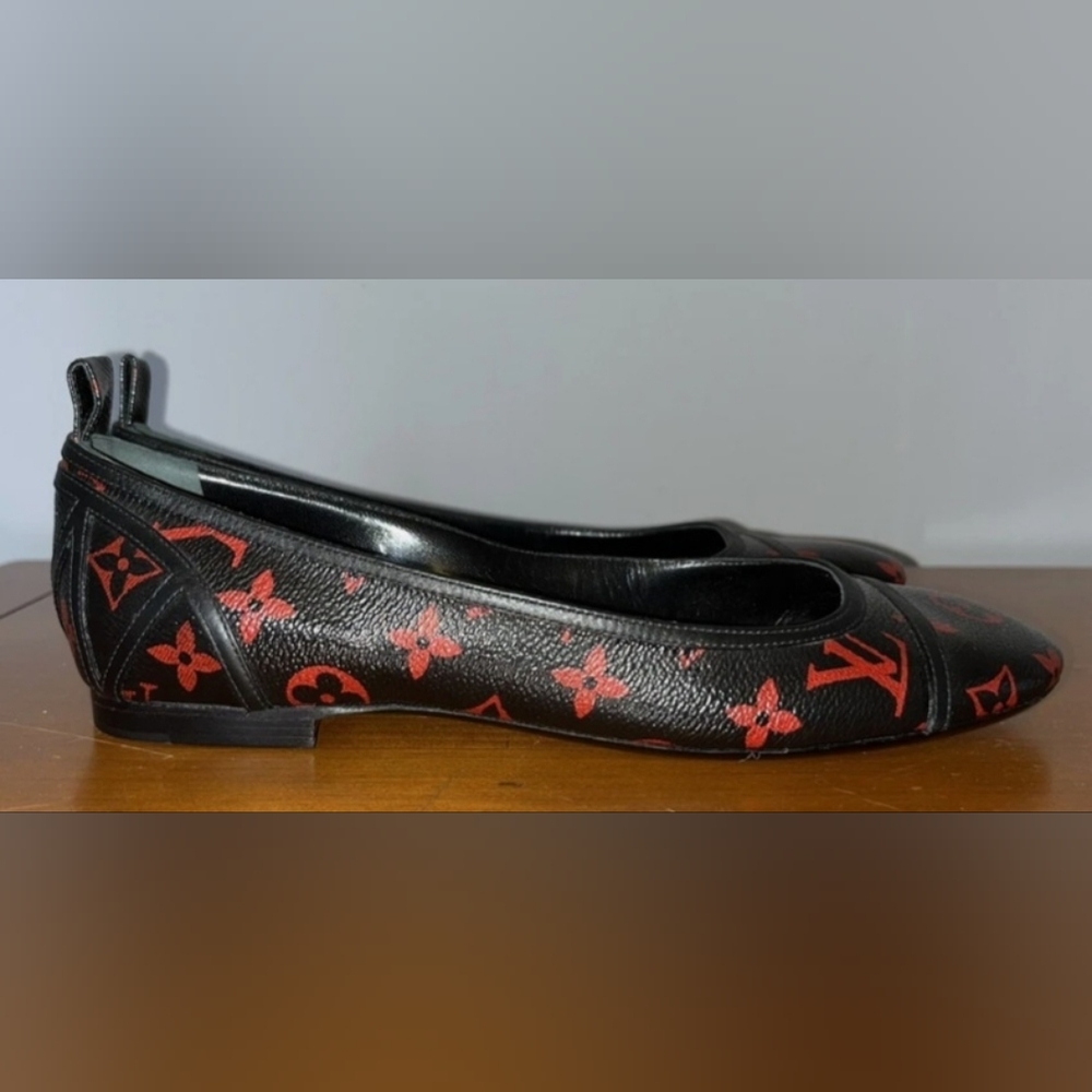 Louis Vuitton Revival Black Red Monogram Genuine Leather Flats Loafers Shoes